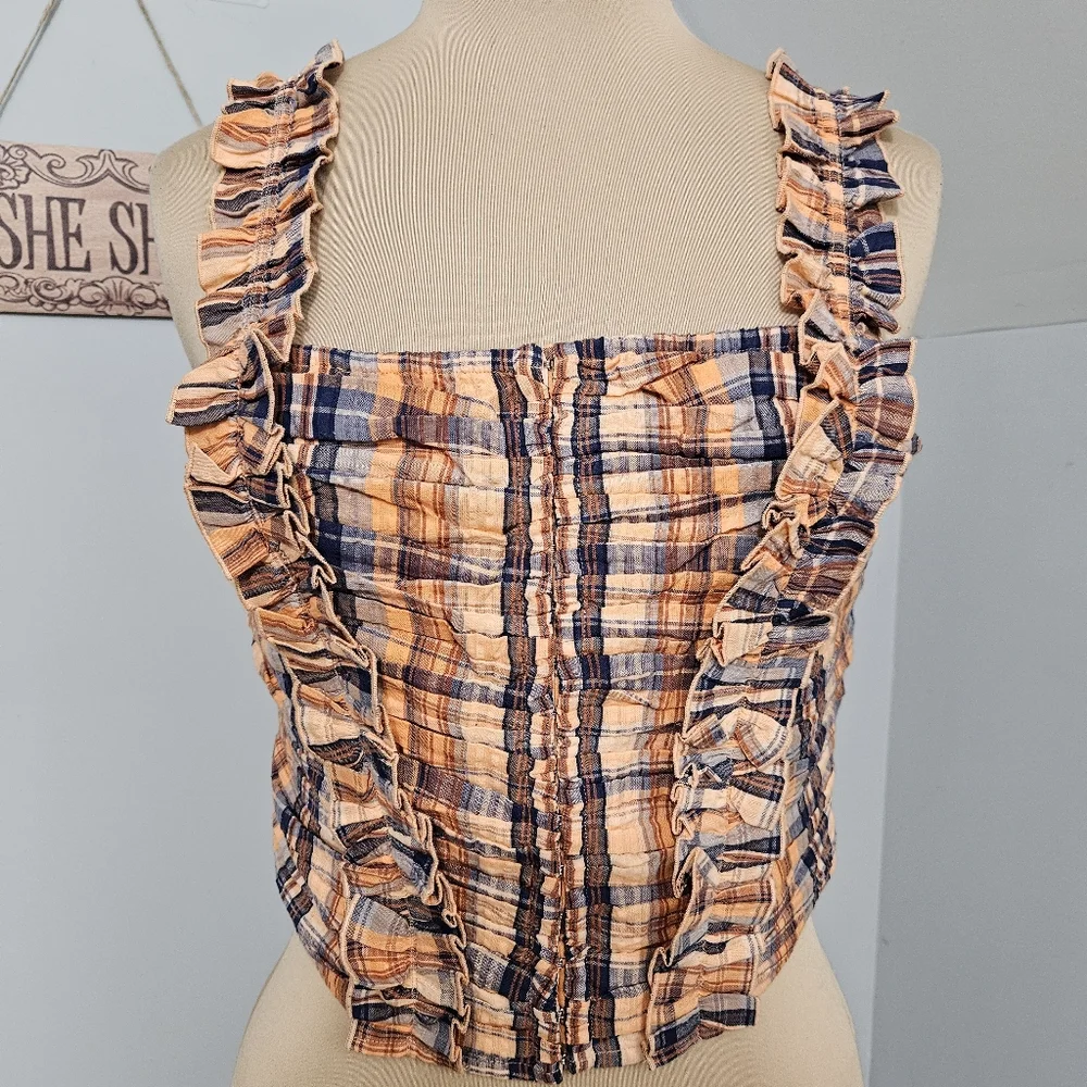 Anthropologie Verb Plaid Ruffle‎ Crop Top Orange Blue Y2K Cottagecore Prairie